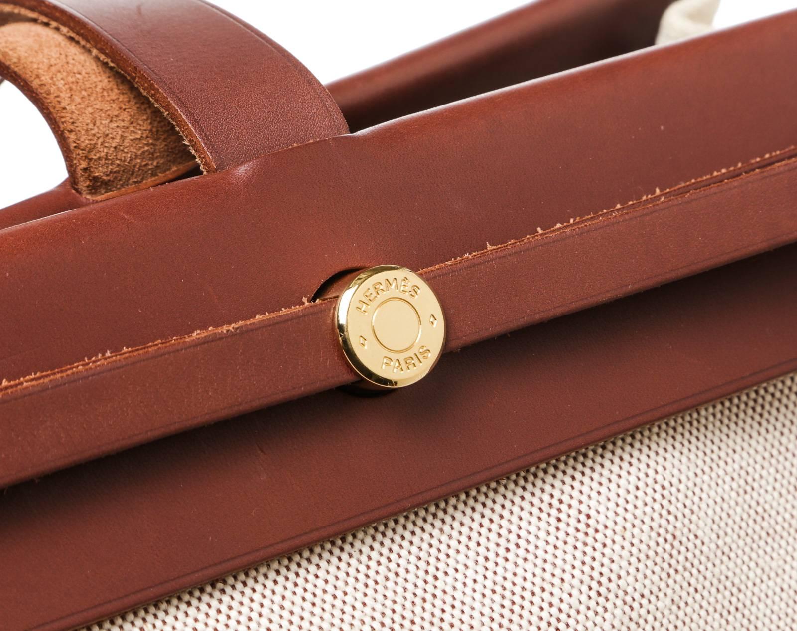 Hermes Beige Toile and Brown Leather Herbag Shoulder Handbag For Sale 3