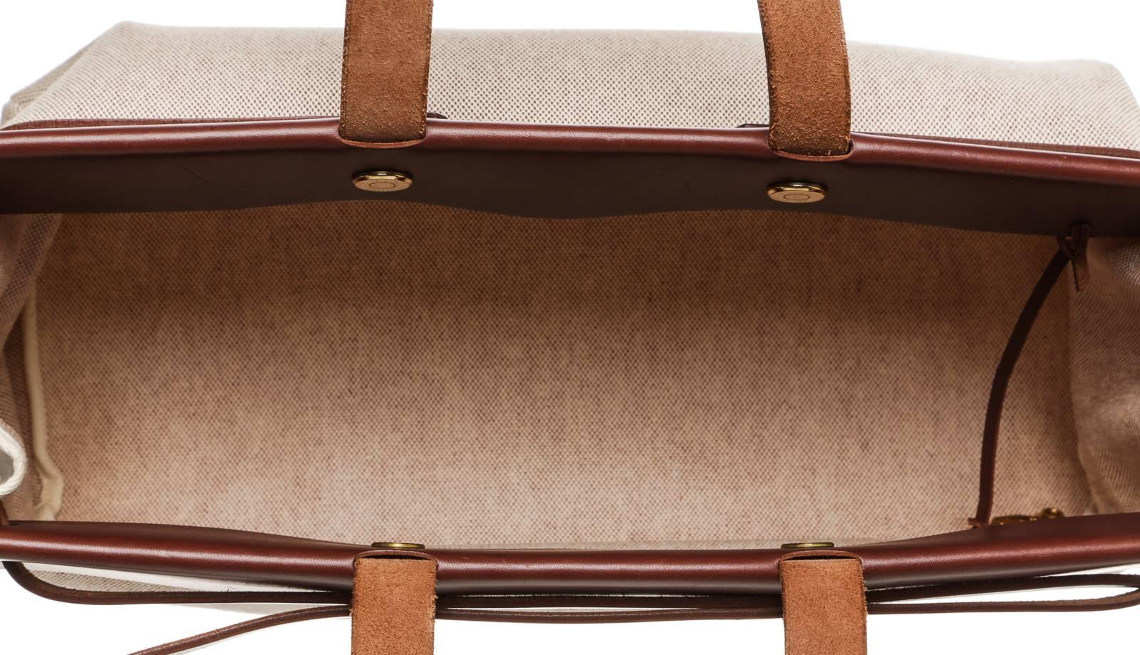 Hermes Beige Toile and Brown Leather Herbag Shoulder Handbag For Sale 1