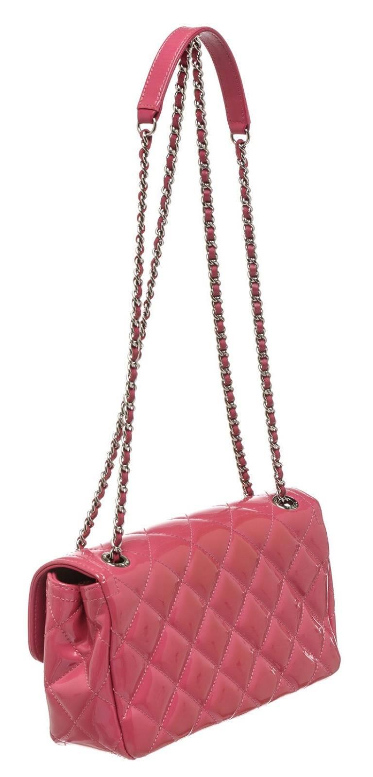 Chanel Pink Quilted Patent Leather Flap Shoulder Handbag For Sale 1
