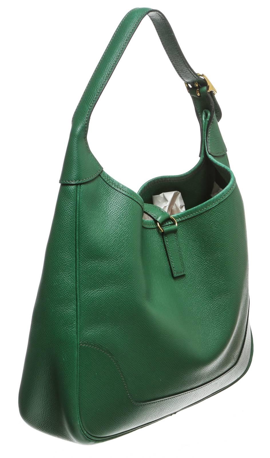 Hermes Vert Bengale Leather Trim Shoulder Handbag In Good Condition For Sale In Corona Del Mar, CA