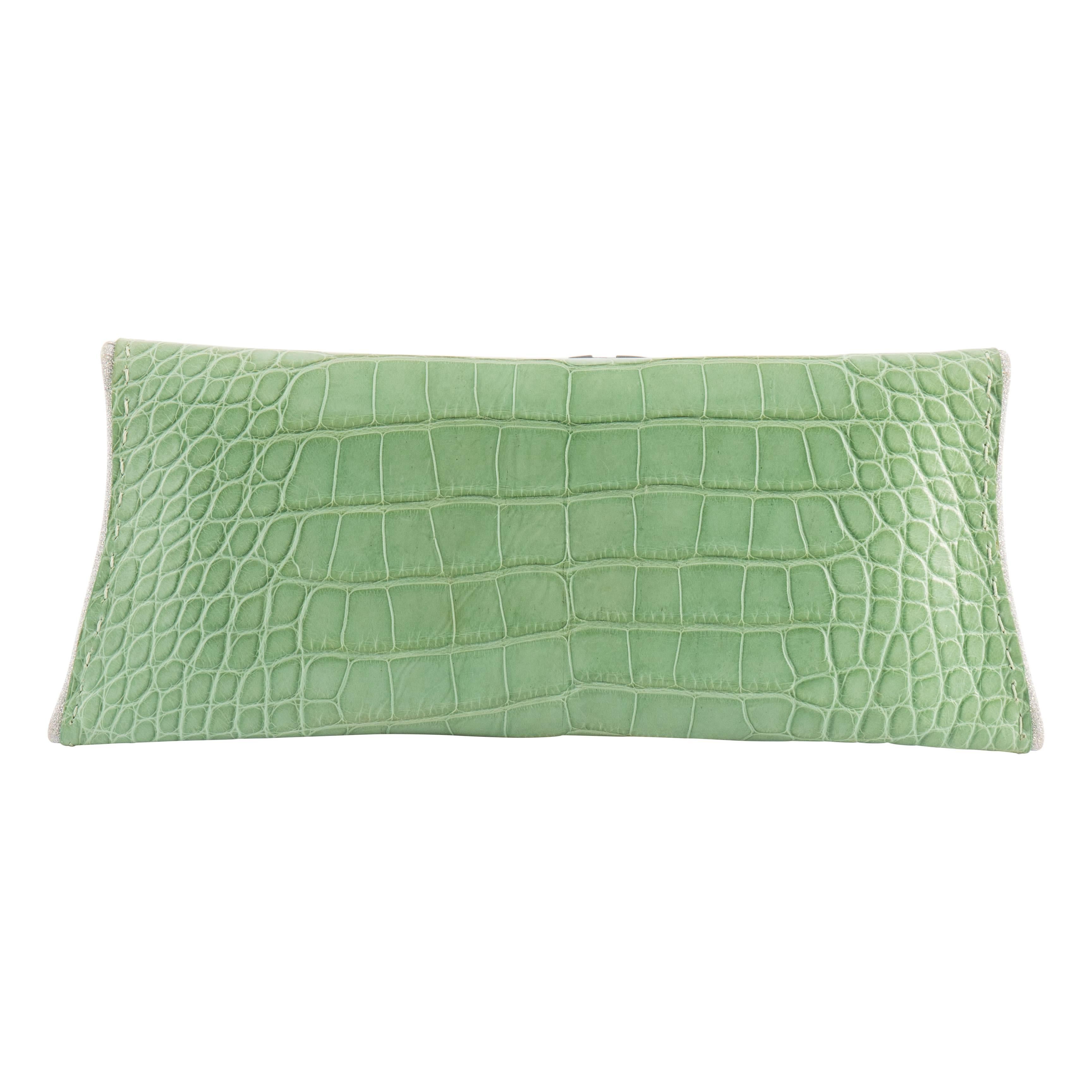VBH Manila Stretch Clutch in Shiny Aquagreen Crocodile and Silver Sparkle Border In New Condition For Sale In New York, NY