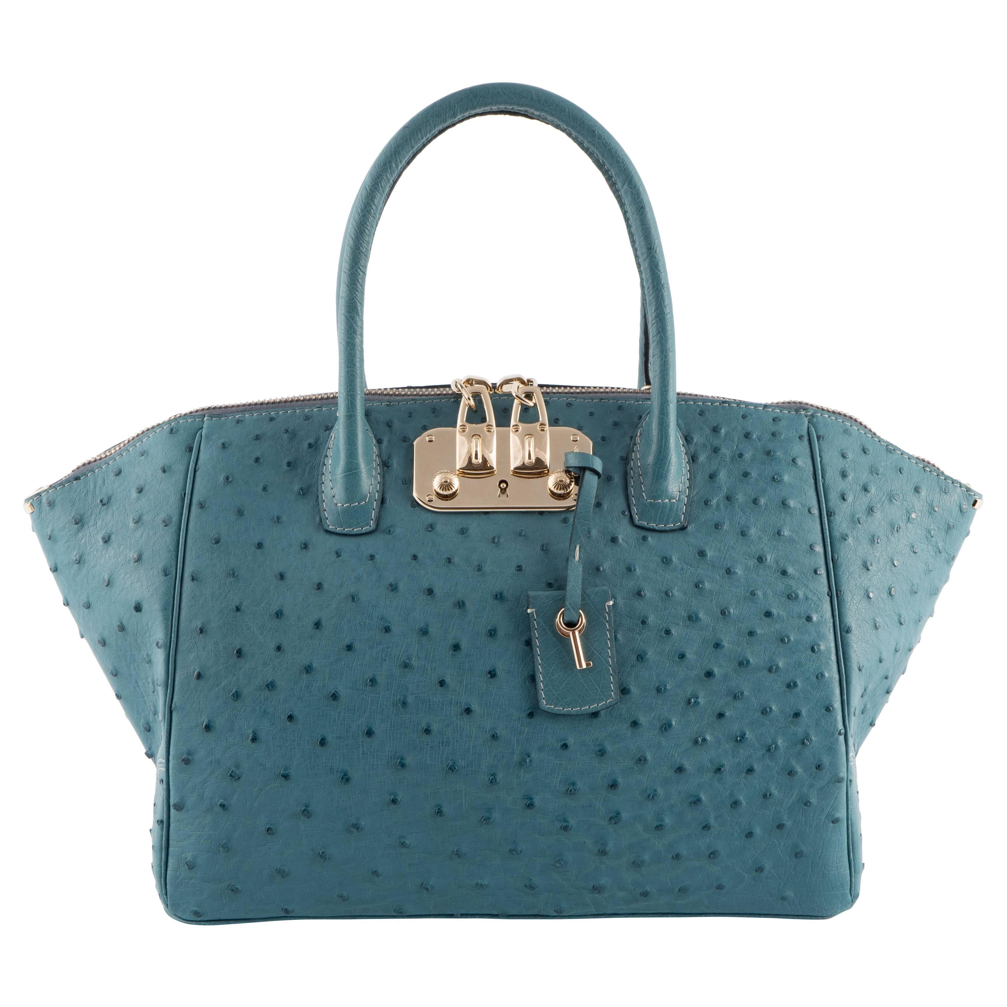 VBH Brera 34cm Surf Blue Ostrich Top Handle Tote For Sale