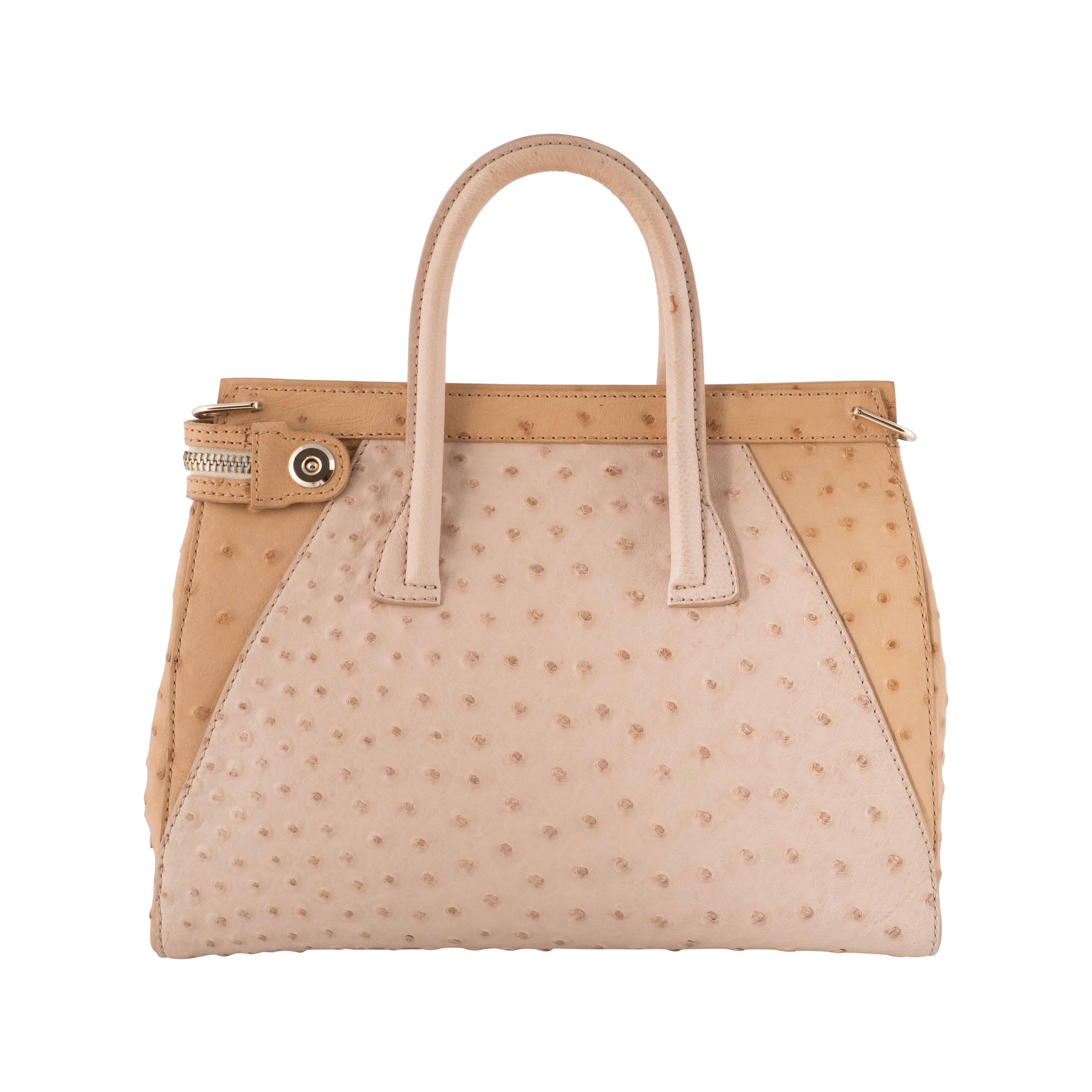 VBH Milano Small Shell/Desert Two Toned Ostrich Top Handle Tote In New Condition For Sale In New York, NY