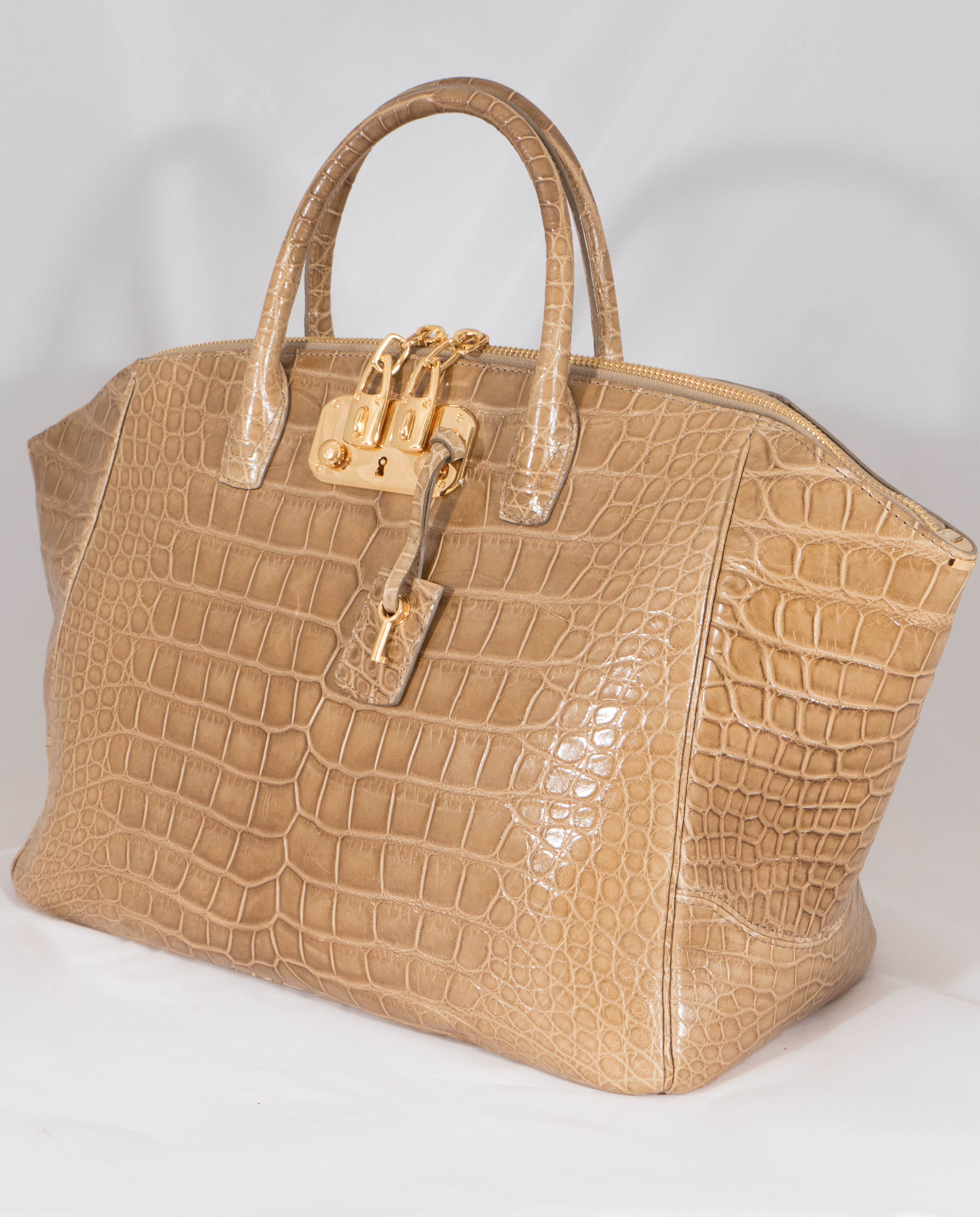 Brown VBH Iconic Brera 40cm Shiny Hickory Alligator Top Handle Tote For Sale