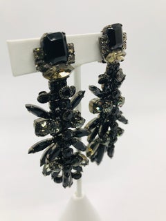 Black Jet and Black Diamond Austrian Crystal Layered Chandelier Earrings