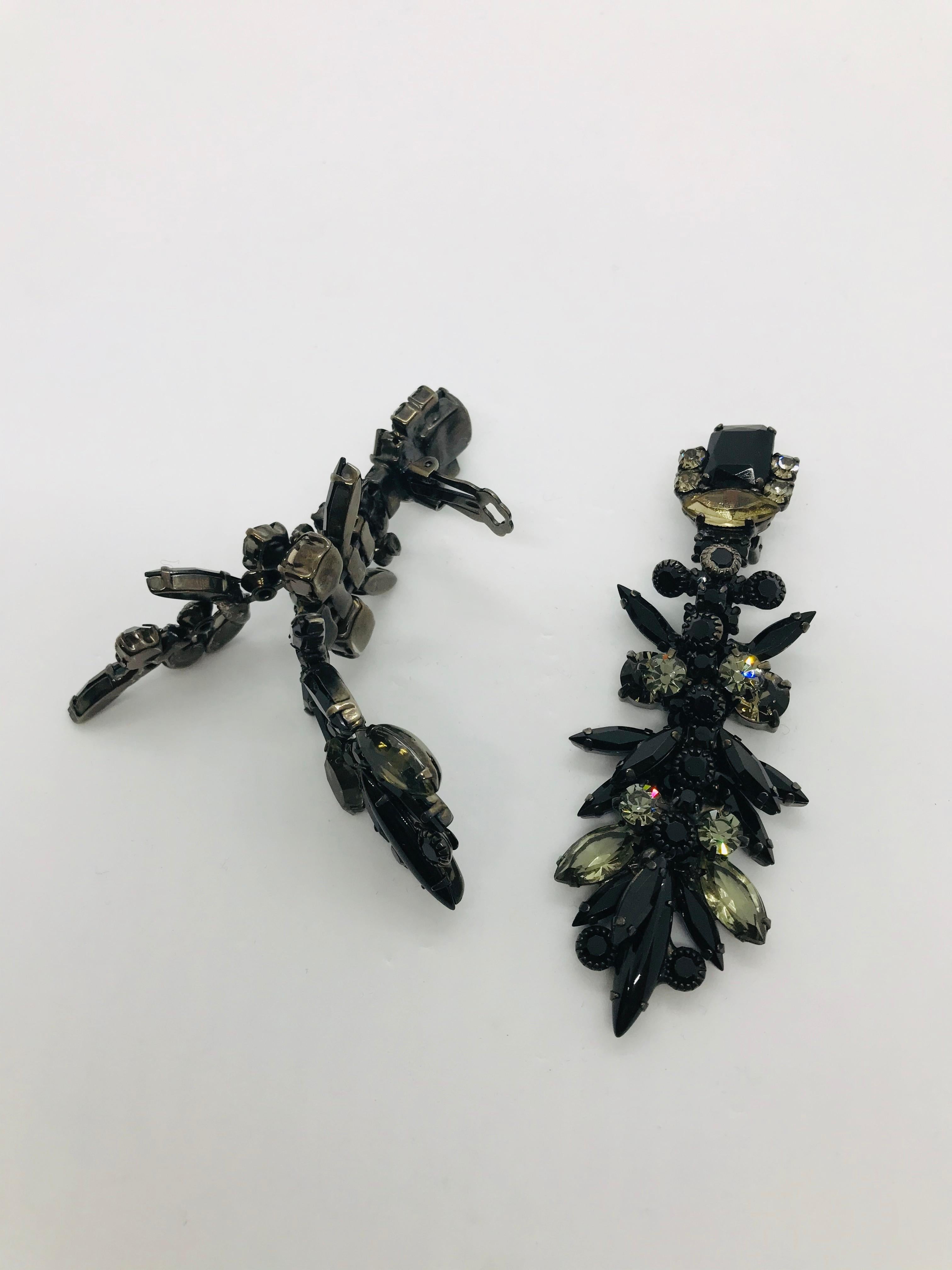 Retro Black Jet and Black Diamond Austrian Crystal Layered Chandelier Earrings For Sale
