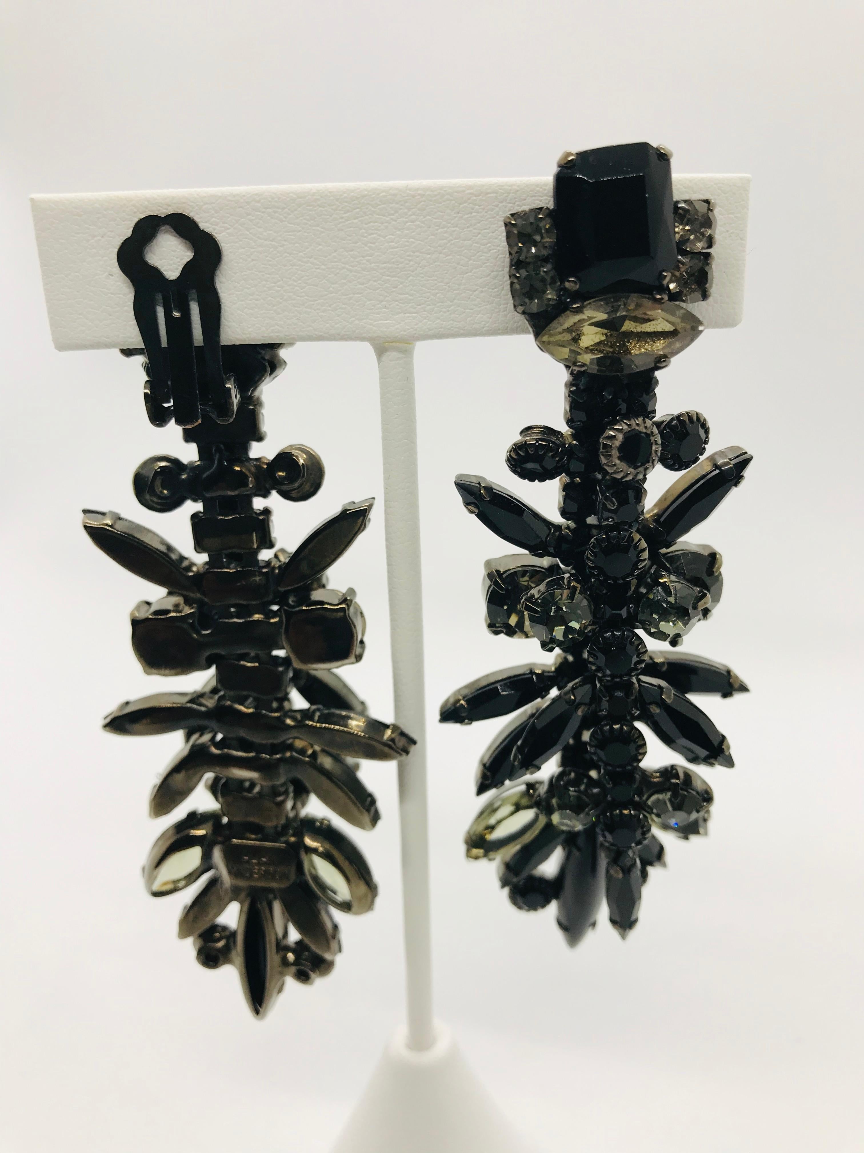 Black Jet and Black Diamond Austrian Crystal Layered Chandelier Earrings In New Condition For Sale In Toronto, CA