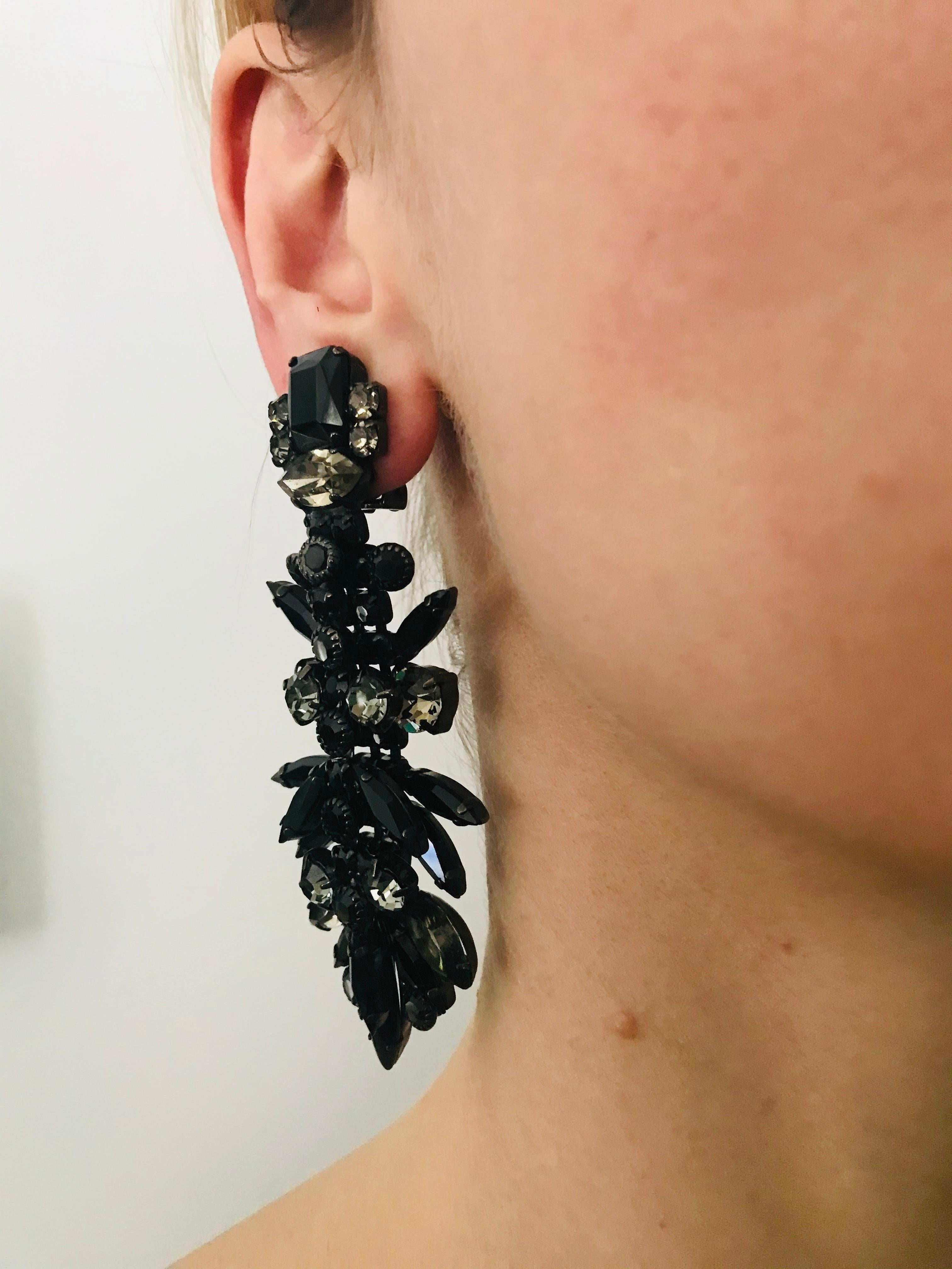 Black Jet and Black Diamond Austrian Crystal Layered Chandelier Earrings For Sale 1