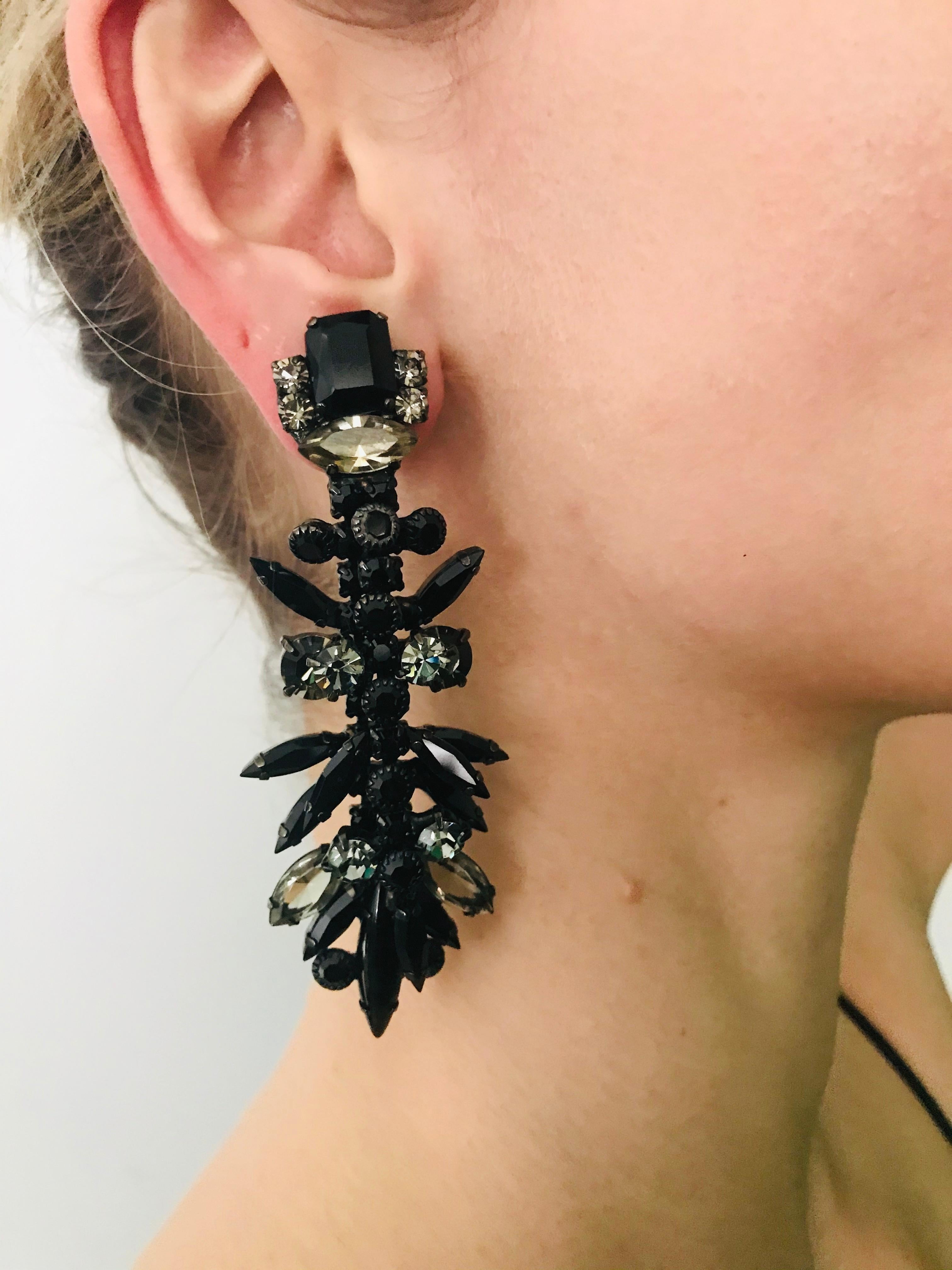Black Jet and Black Diamond Austrian Crystal Layered Chandelier Earrings For Sale 2