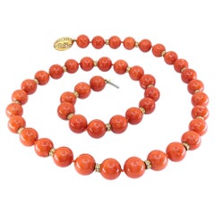 Vintage Bvlgari Coral Necklace 18k Gold Diamond Rondelles & Diamond Clasp