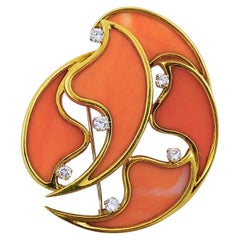 French Vintage Coral Diamond Brooch 18k Gold