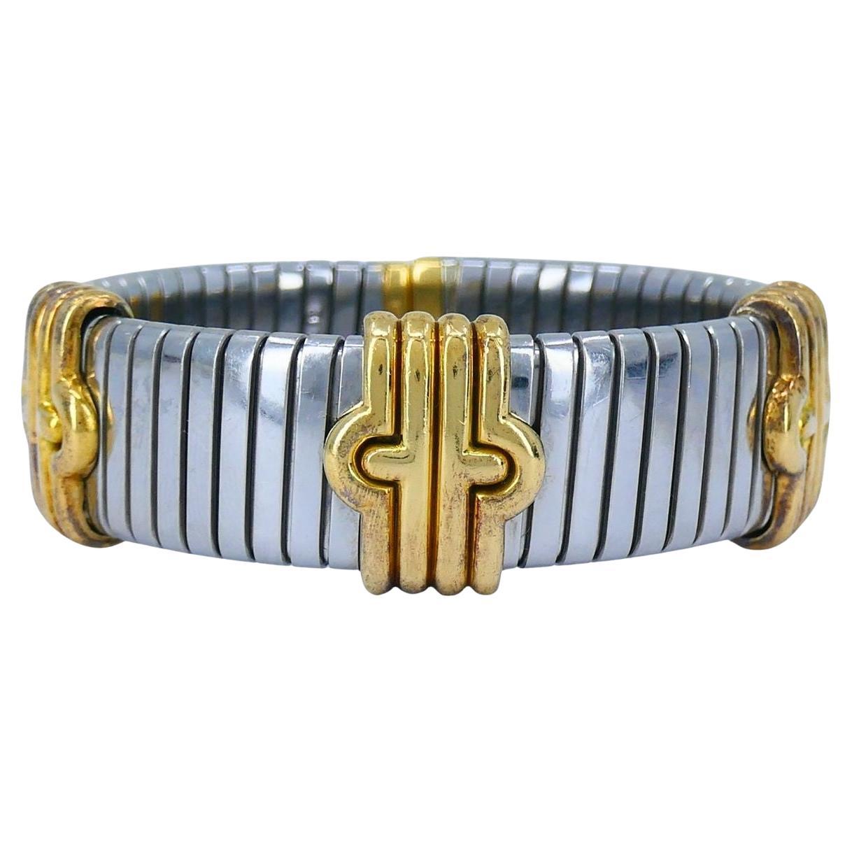 Vintage Bvlgari 18k Gold Steel Tubogas Parentesi Cuff Bracelet