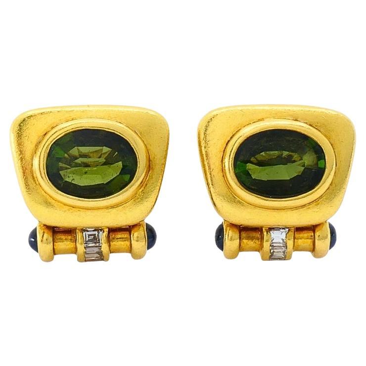 Bulgari Bvlgari Boucles d'oreilles à pince en or 18k Tourmaline, saphir et diamant en vente
