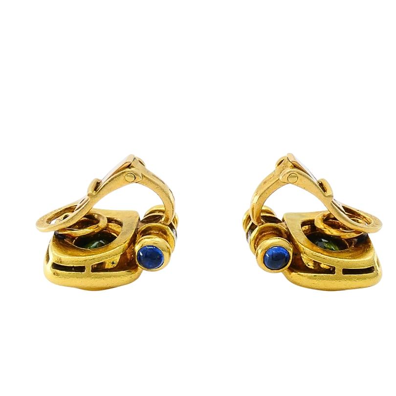 Bulgari Bvlgari Boucles d'oreilles à pince en or 18k Tourmaline, saphir et diamant Bon état - En vente à Beverly Hills, CA