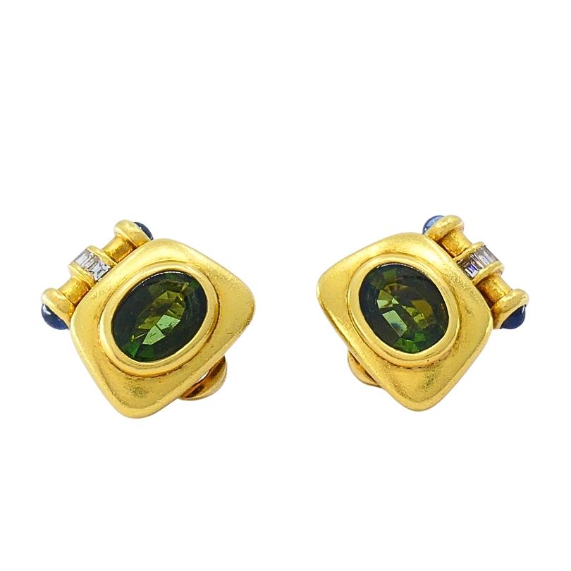 Bulgari Bvlgari Boucles d'oreilles à pince en or 18k Tourmaline, saphir et diamant en vente 2