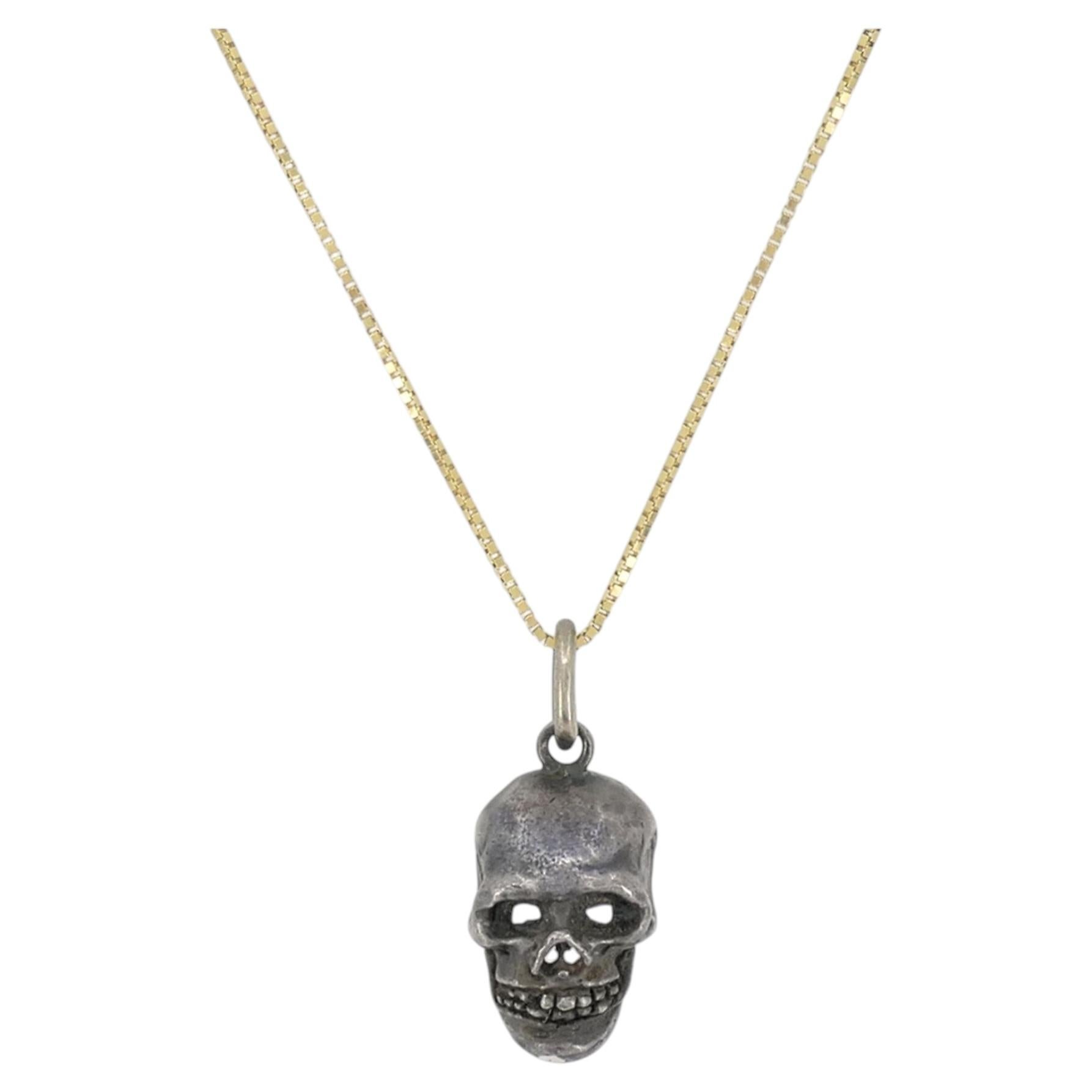 18k Yellow Gold Italian Box Chain Silver Skull Pendant Necklace For Sale