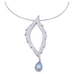 Grima – Wandelbare Halskette/Brosche aus 18-karätigem Weißgold mit Diamanten und Tahiti-Perle