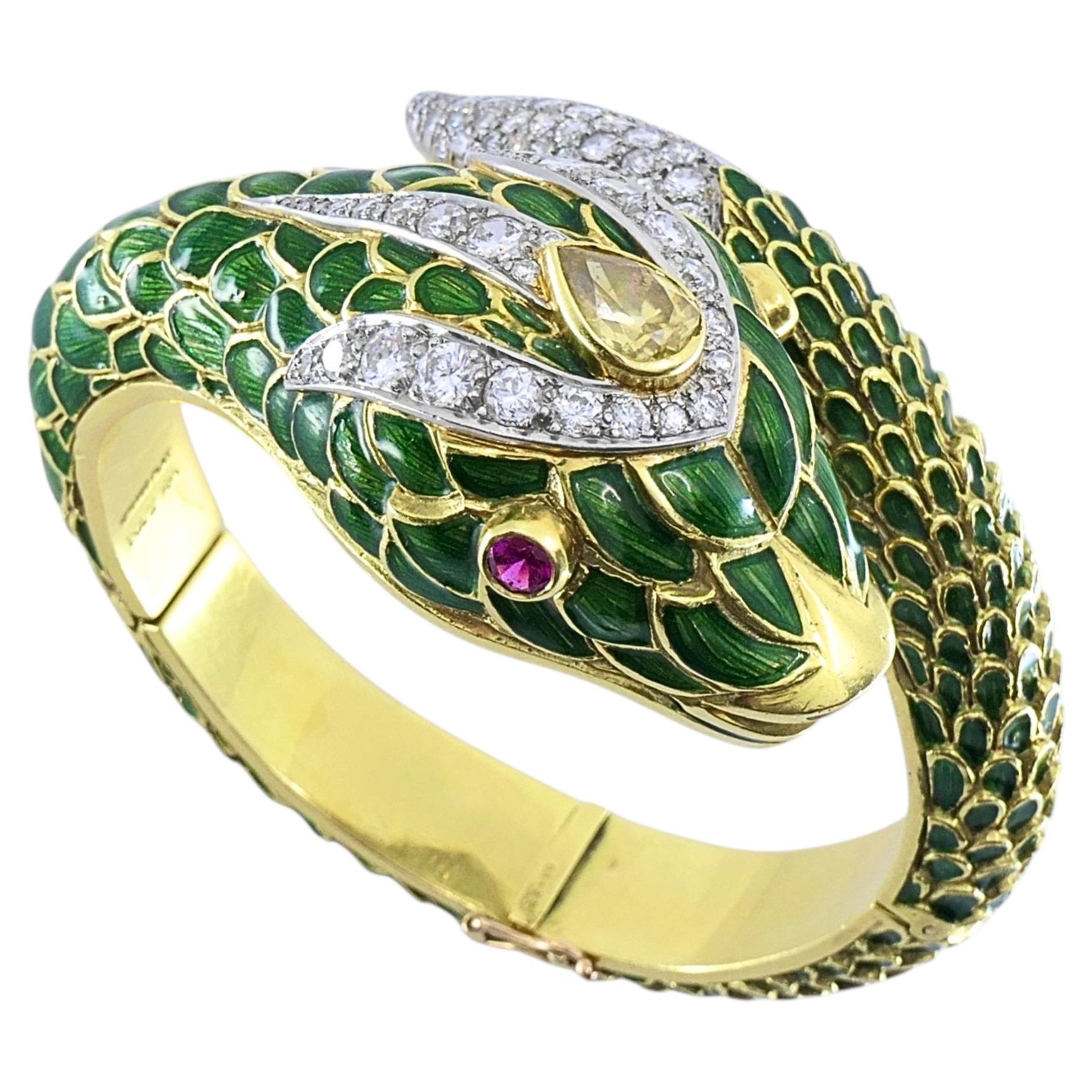 Vintage 18k Gold Platinum Snake Bangle Bracelet Diamond Yellow Sapphire Ruby For Sale