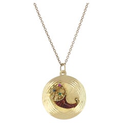 Vintage 1970s 14k Gold Cornucopia Pendant Necklace Emerald Sapphire Enamel