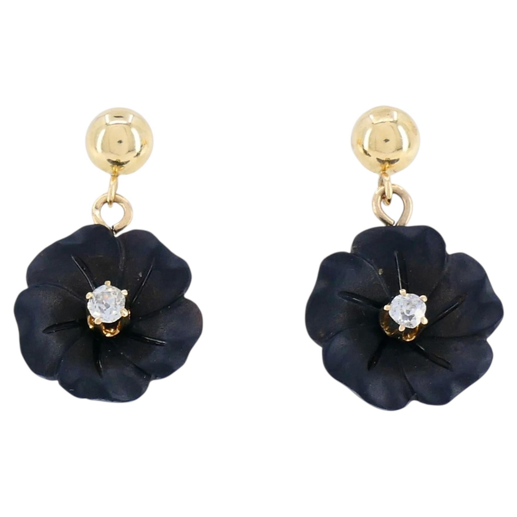 Vintage 14k Yellow Gold Diamond Black Onyx Flower Drop Earrings