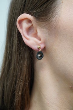 Vintage 14k Yellow Gold Diamond Black Onyx Flower Drop Earrings