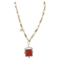 Antique 14k Gold Watch Chain 10k Hardstone Swivel Fob Necklace