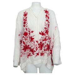 Dries van Noten White Cotton Tunic with Red Floral Embroidery sz 40