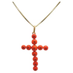 Victorian 18k Gold Coral Diamond Accent Cross Pendant Necklace 14k Gold Chain