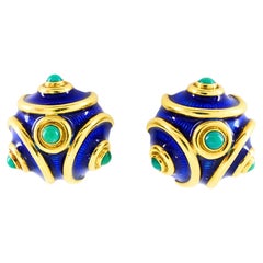 Vintage Tiffany & Co. 18k Gold Blue Enamel Turquoise Clip-On Earrings