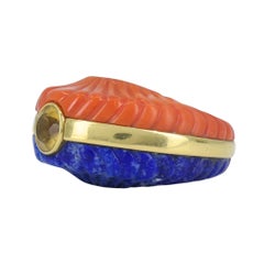 Vintage 18k Gold Coral Lapis Citrine Carved Dome Cocktail Ring Circa 1970s