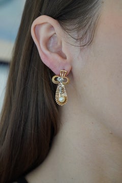 Retro 14k Tri Color Gold Diamond & Pearl Earrings Circa 1940s