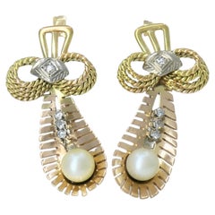 Retro 14k Tri Color Gold Diamond & Pearl Earrings Circa 1940s