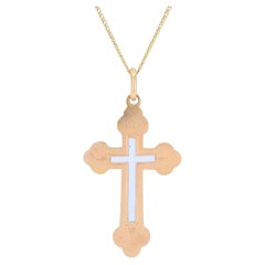Antique 14k Rose Gold White Enamel Cross Pendant Necklace Circa 1900