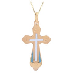Antique 14k Rose Gold Blue and White Enamel Cross Pendant Necklace