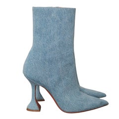 Amina Muaddi Denim Pointed Toe Heeled Boots 4 Inch Size 40