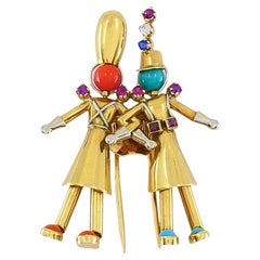 French Yaèche Frères 18k Gold Figural Brooch Coral Turquoise Vintage Retro Clip