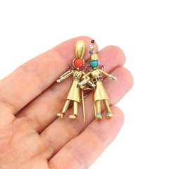 French Yaèche Frères 18k Gold Figural Brooch Coral Turquoise Vintage Retro Clip