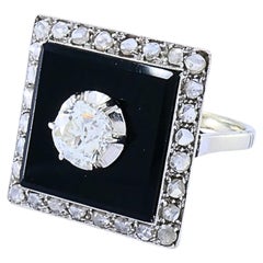 Art Deco 14k Gold Onyx Diamond Square Plaque Ring Antique Jewelry