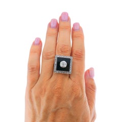 Art Deco 14k Gold Onyx Diamond Square Plaque Ring Antique Jewelry