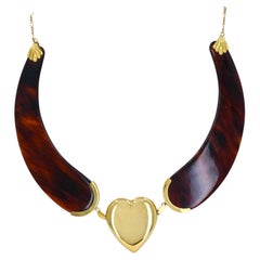 Vintage Italian 18k Gold Heart Collar Necklace with Faux Tortoise