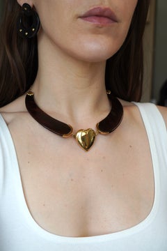Vintage Italian 18k Gold Heart Collar Necklace with Faux Tortoise