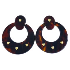 Vintage Italian 18k Gold Faux Tortoise Heart Hoop Earrings Circa 1980s