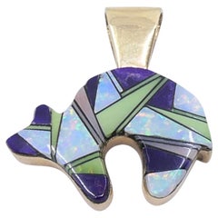 Vintage 14k Gold Zuni Style Bear Pendant Mosaic Opal Sugilite Inlay