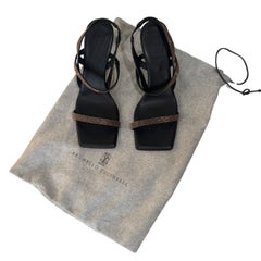 Brunello Cucinelli Black Leather Monili Beaded Strappy Heel Sandals Size 38.5