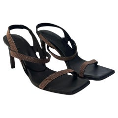 Brunello Cucinelli Black Leather Monili Beaded Strappy Heel Sandals Size 38.5