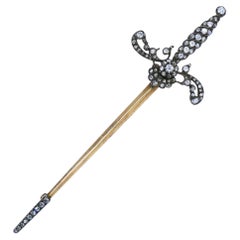 Antique 14k gold Silver Diamond Sword Brooch, circa 1900