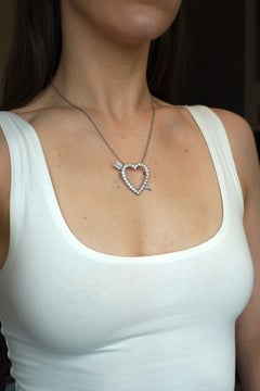 Vintage 14k White Gold Diamond Heart and Arrow Pendant Brooch Necklace