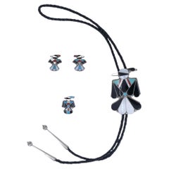 Sterling Silver Southwestern Thunderbird Gemstone Bolo Tie Ring Earrings Set