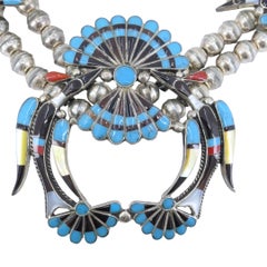 Southwestern Sterling Silver Inlay Squash Blossom Necklace Signed AE Circa 1970s