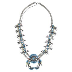 Southwestern Sterling Silver Inlay Squash Blossom Necklace Signed AE Circa 1970s